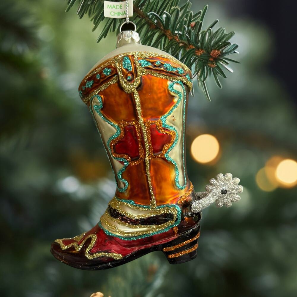Cowboy Boot Blown Glass Christmas Holiday Ornament Spurs Country Glitter Western